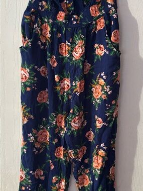 Chesley Navy Floral Jumpsuit with Peach and Green Blooms